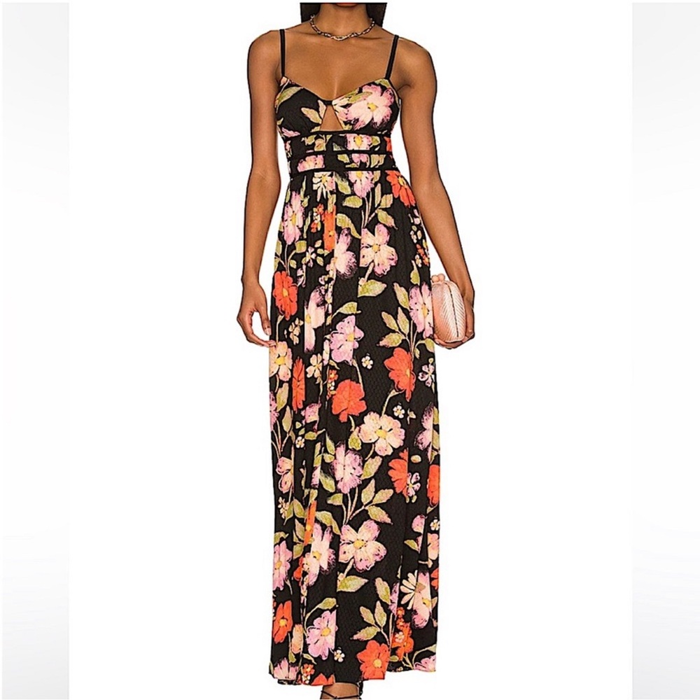 Free People Wisteria Long Maxi Dress Dark Combo Black Orange Floral Sz med